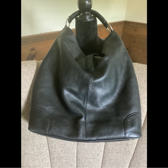 Kenneth Cole Black Leather Satchel Bucket Bag Interesting Hardware - Picture 3 of 12